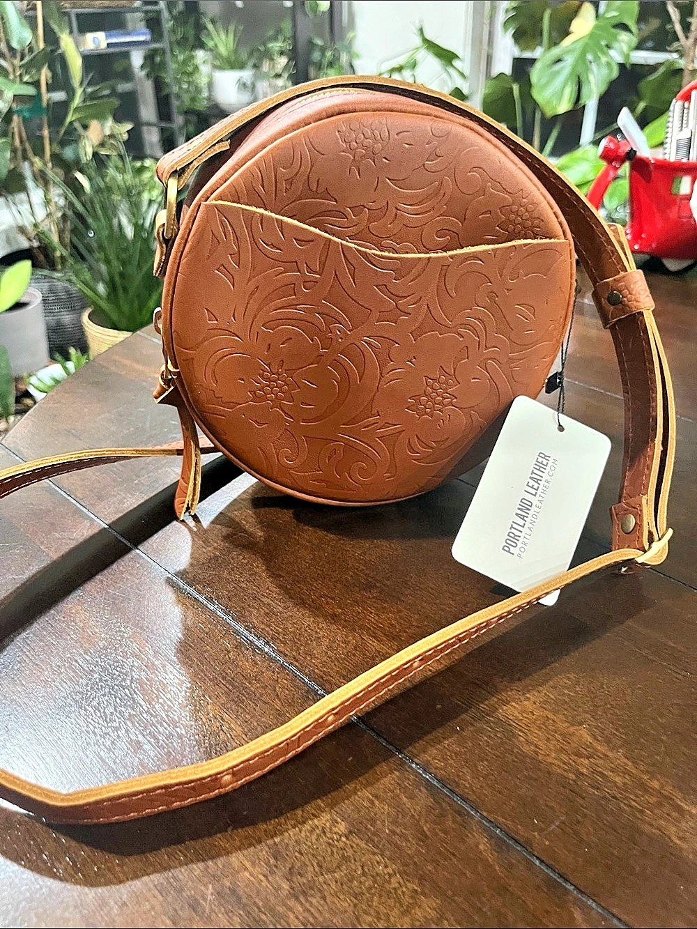 Portland Leather Meadow Small Circle Crossbody Embossed leather Circle Crossbody